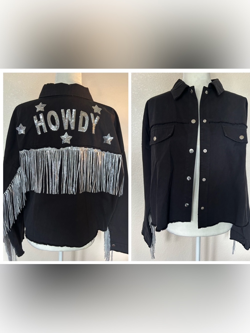 Sequin denim jacket Howdy L Fun cute sassy with fringe Girls trip LNWOT